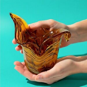 Hand Blown Murano Style Tulip Vase, Amber and Brown Variegated Colors. MCM Glass